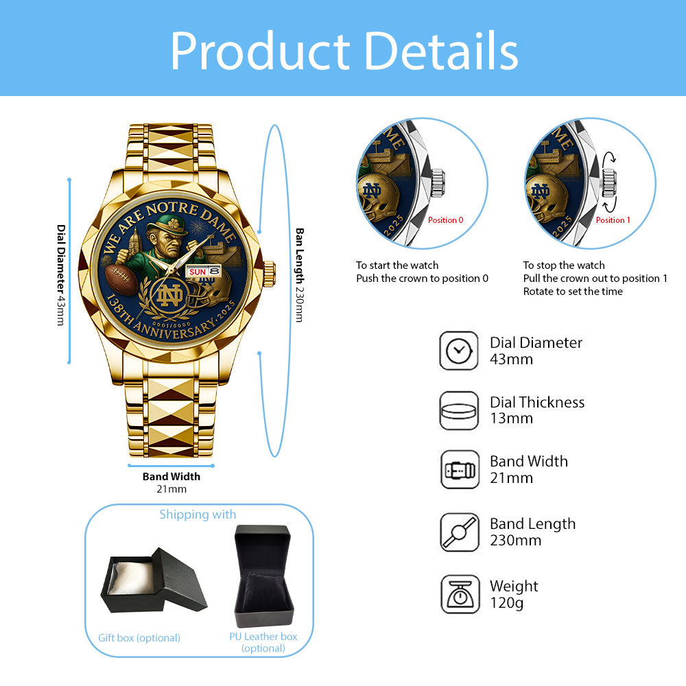 Notre Dame Fighting Irish Football 138th Anniversary Alloy Luxury Quartz Watch - MAITM12912