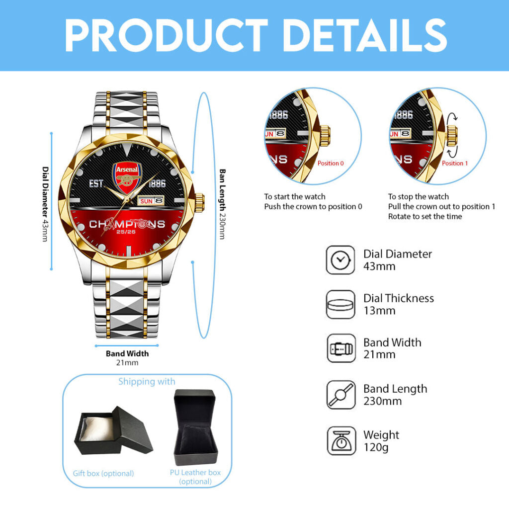 Arsenal FC Premier League Champions 25/26 Alloy Luxury Quartz Watch - HOATT18603