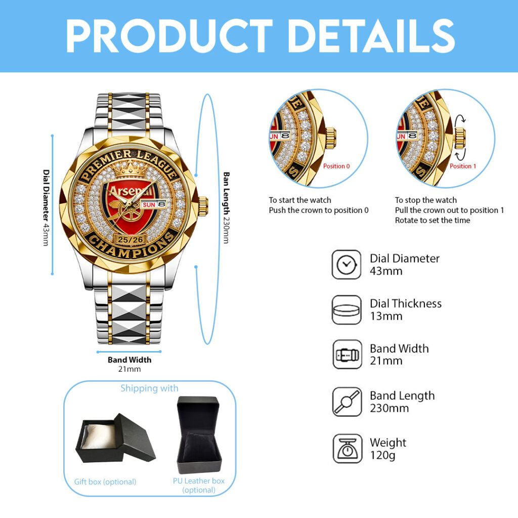 Arsenal FC Premier League Champions 25/26 Alloy Luxury Quartz Watch - HOATT18197