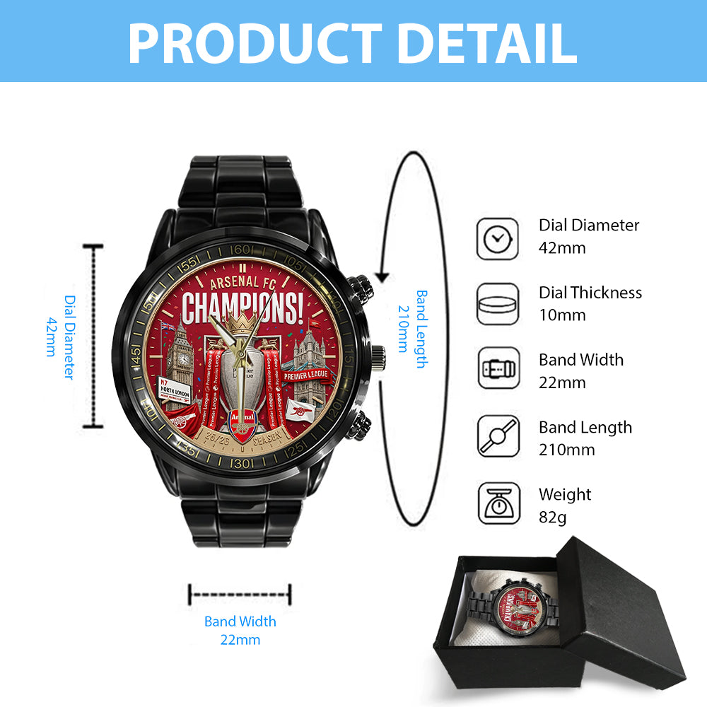 Arsenal FC Premier League Champions 25/26 Black Stainless Steel Watch - TMTHU6323
