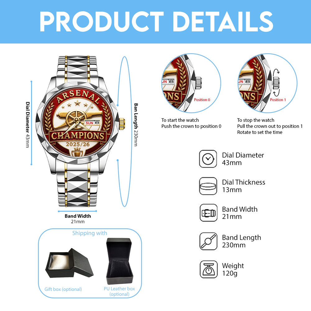 Arsenal FC Premier League Champions 25/26 Alloy Luxury Quartz Watch - TANTN23119