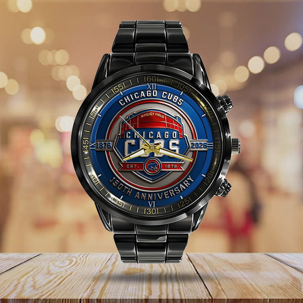 Chicago Cubs Black Stainless Steel Watch - TMTHU1197