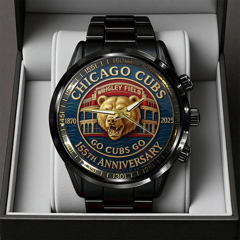 Chicago Cubs 155th Anniversary Black Stainless Steel Watch - TANTN17996