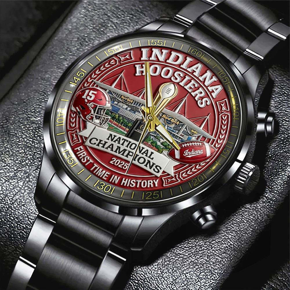 Indiana Hoosiers Football 2025 National Champions Black Stainless Steel Watch - TANTN20533