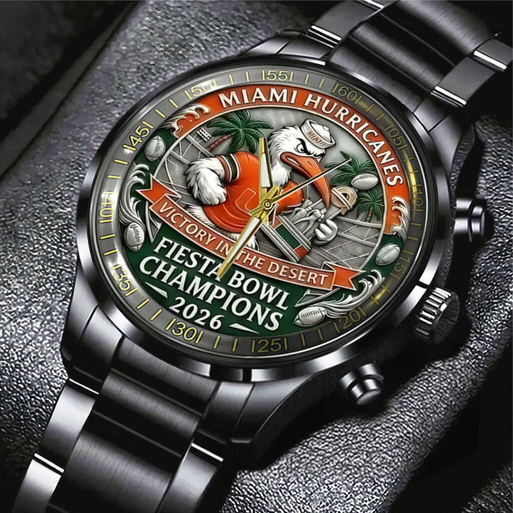 Miami Hurricanes Football 2026 Fiesta Bowl Champions Black Stainless Steel Watch - TANTN20140
