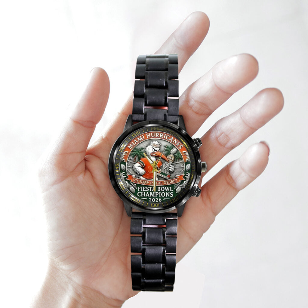 Miami Hurricanes Football 2026 Fiesta Bowl Champions Black Stainless Steel Watch - TANTN20140