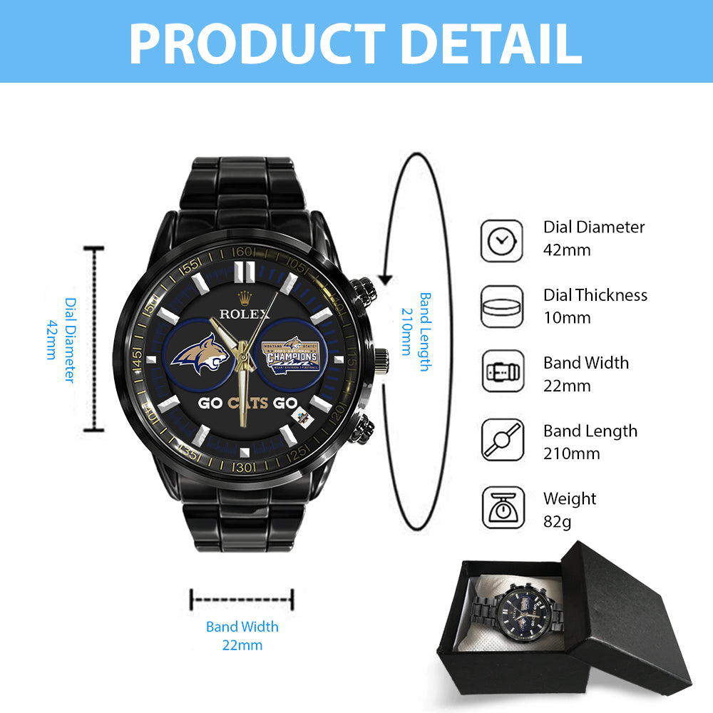 Montana State Bobcats Football 2025 National Champions Black Stainless Steel Watch - MAITM14755
