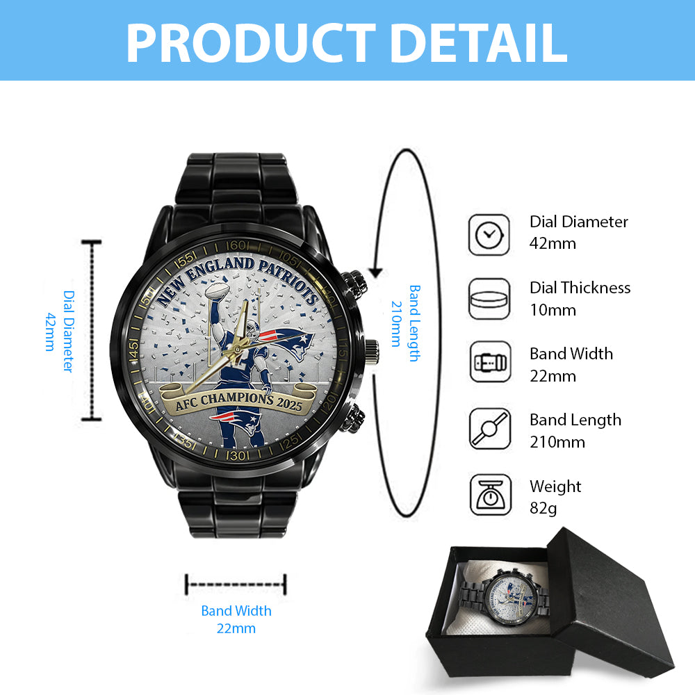 New England Patriots AFC Champions 2026 Black Stainless Steel Watch - NGHIAVT9627