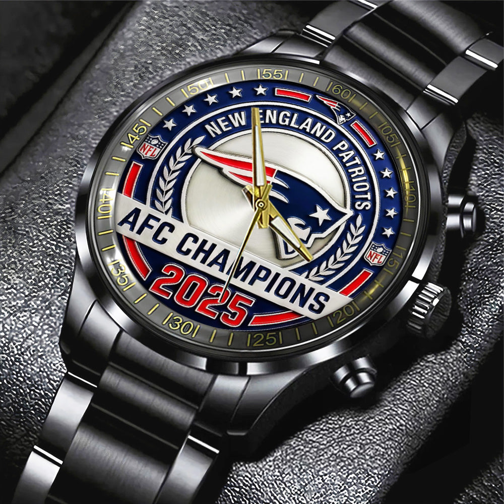 New England Patriots 2025 AFC Champions Black Stainless Steel Watch - TANTN20683