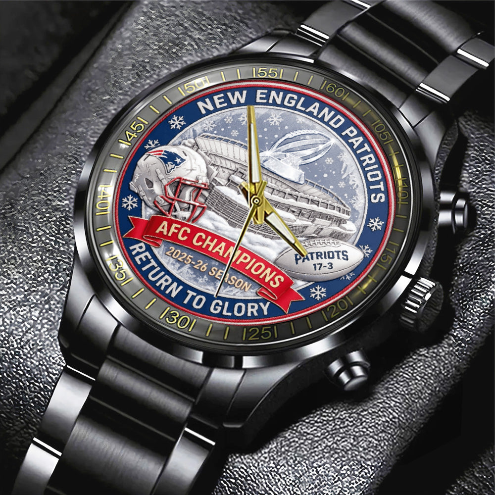 New England Patriots 2025 AFC Champions Black Stainless Steel Watch - TANTN20687