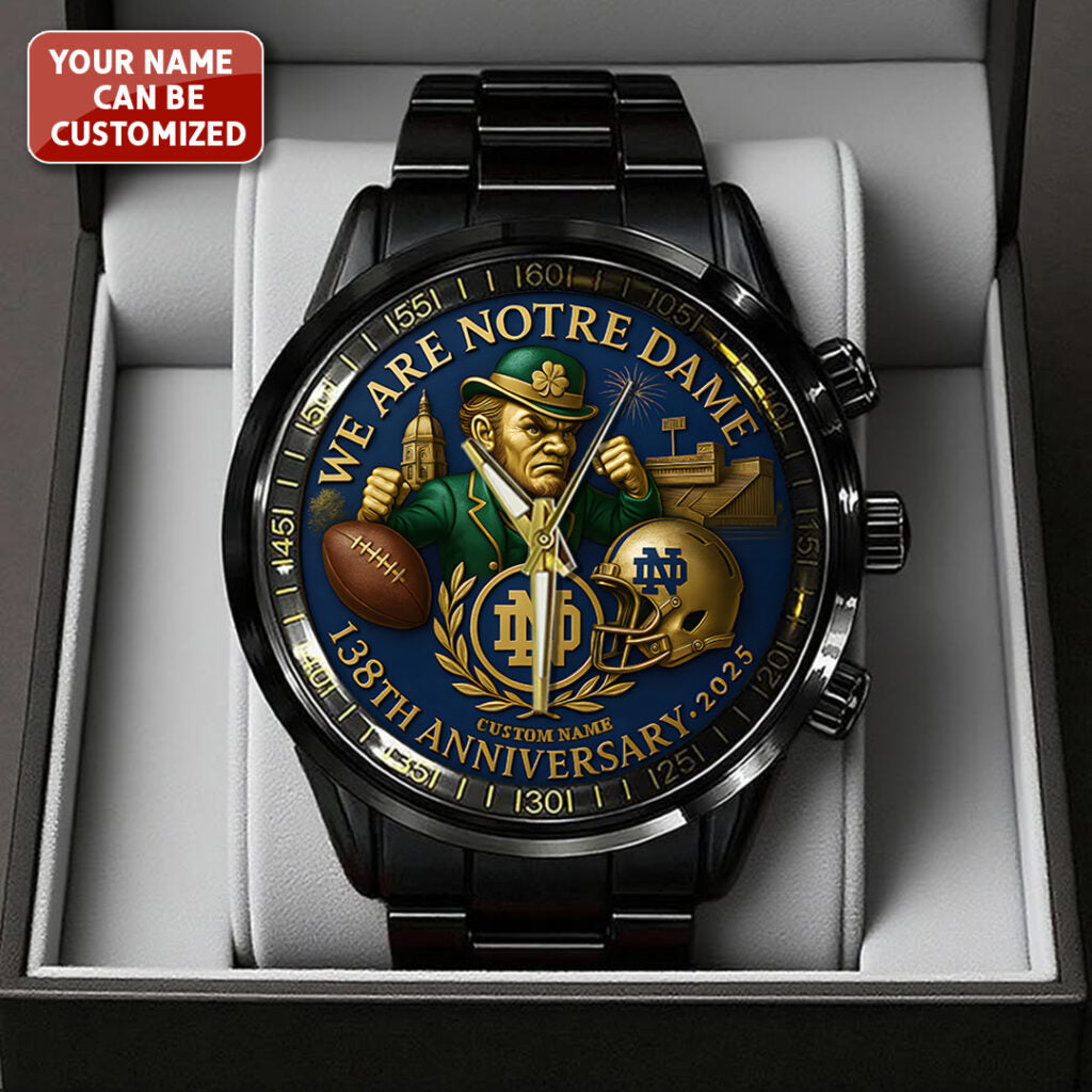 Personalized Notre Dame Fighting Irish Football 138th Anniversary 2025 Black Stainless Steel Watch - TANTN16199