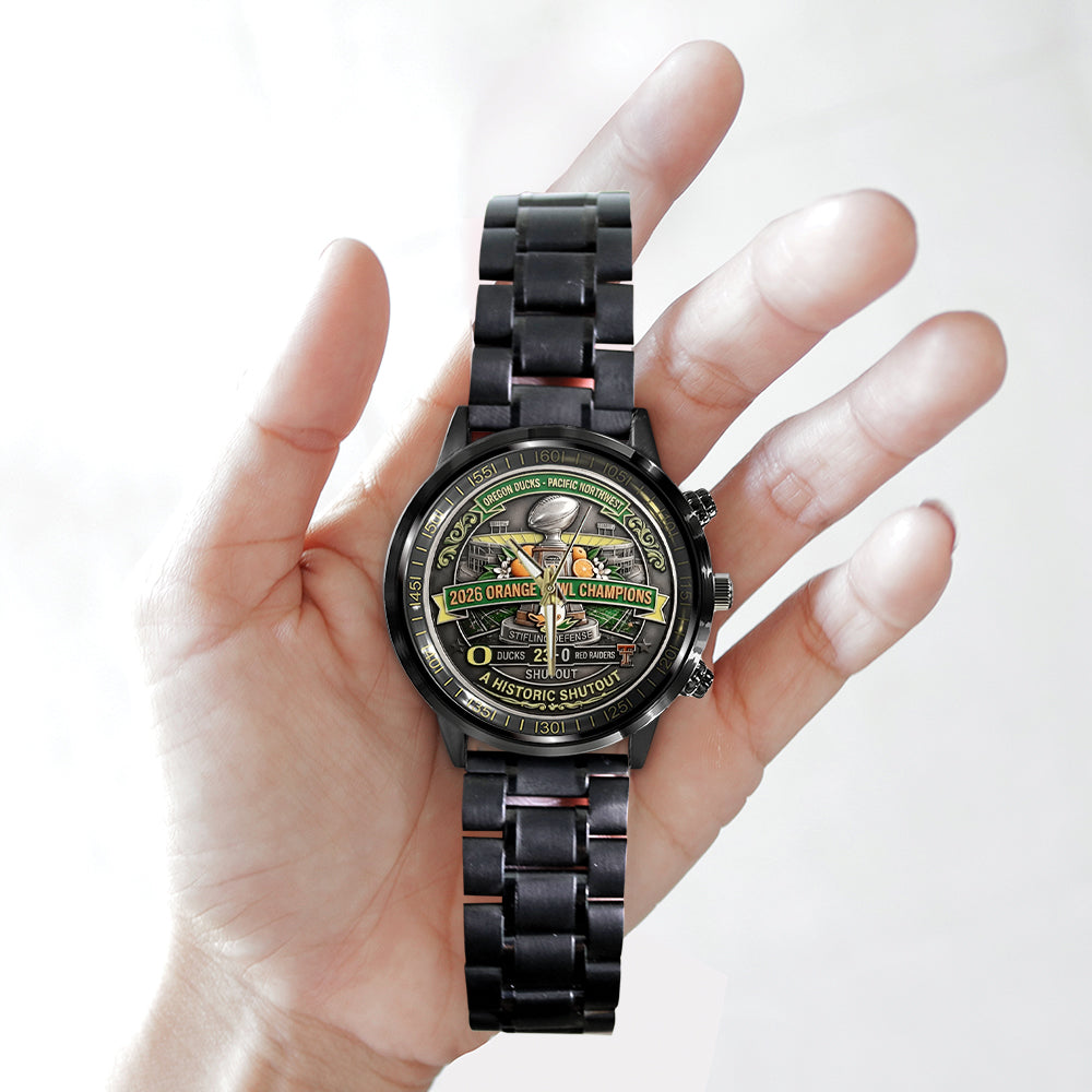 Oregon Ducks Football Orange Bowl Champions Black Stainless Steel Watch - MAITM14355