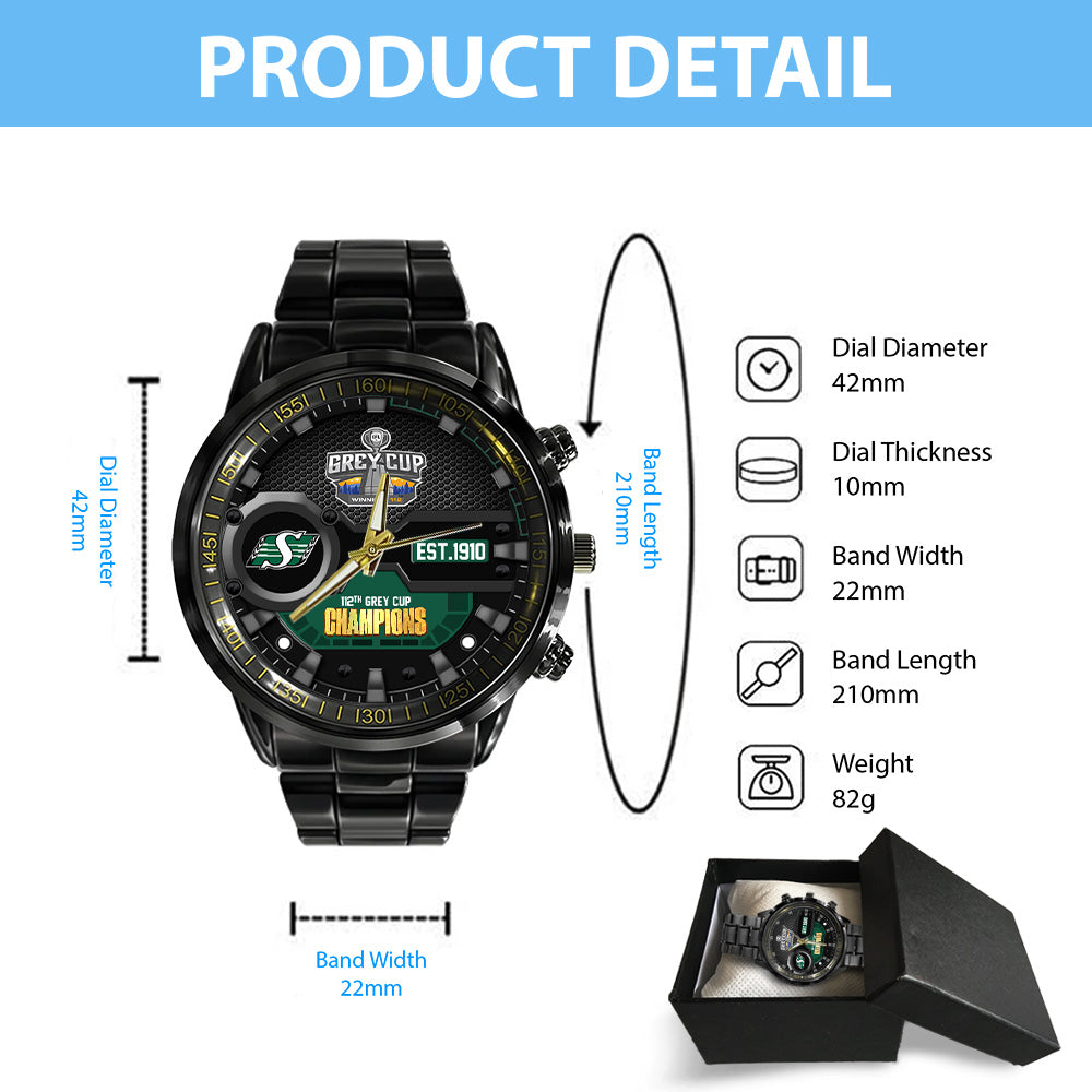Saskatchewan Roughriders 2025 Grey Cup Champions Black Stainless Steel Watch - MAITM13913