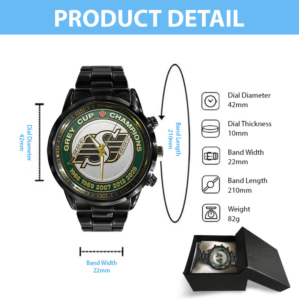 Saskatchewan Roughriders 2025 Grey Cup Champions Black Stainless Steel Watch - TANTN18923