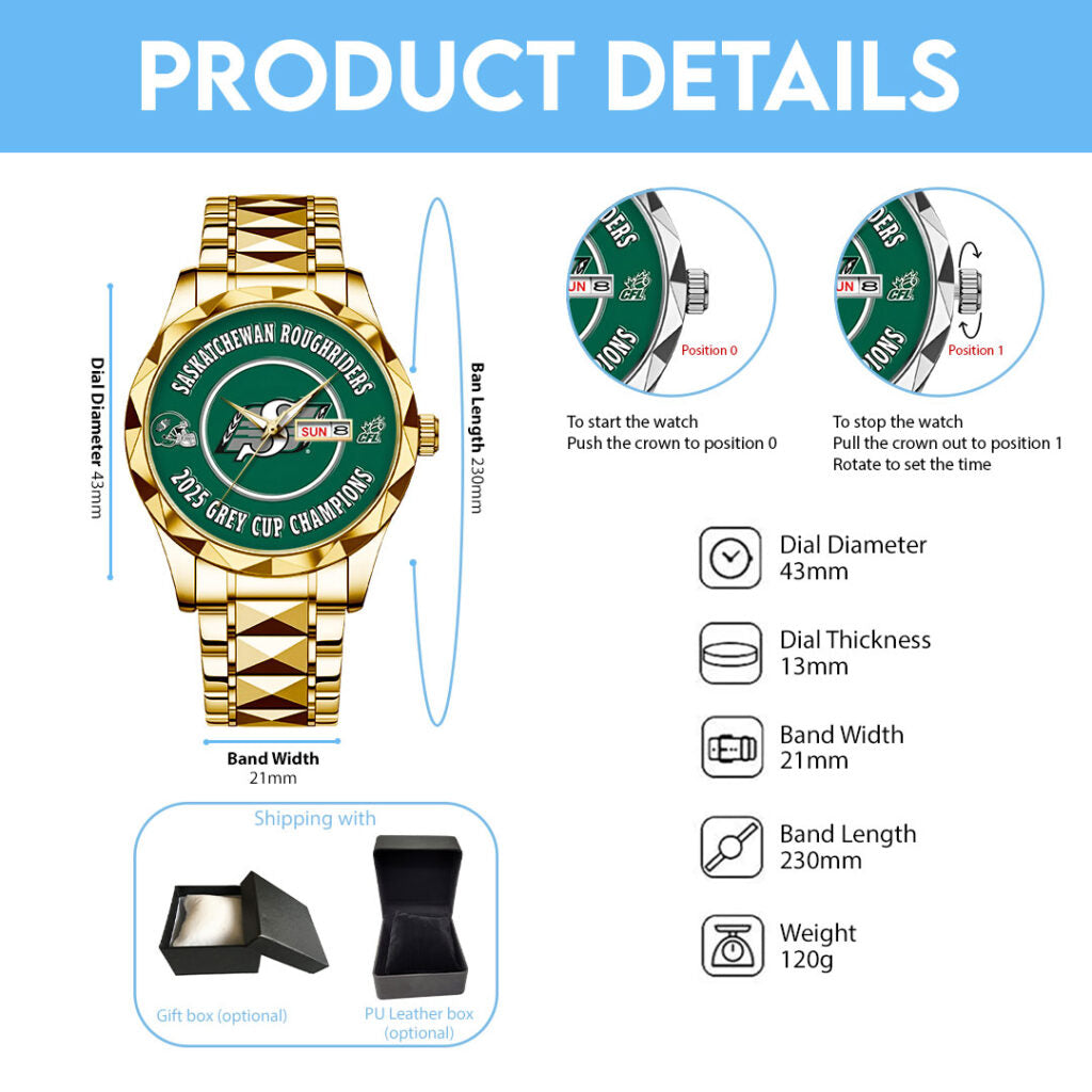 Saskatchewan Roughriders 2025 Grey Cup Champions Alloy Luxury Quartz Watch - TMTHU2236