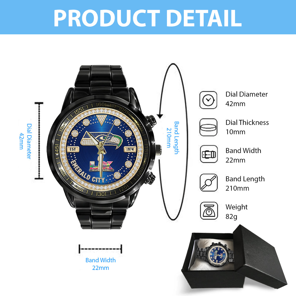 Seattle Seahawks 2025 Super Bowl LX Champions Black Stainless Steel Watch - GNE5945