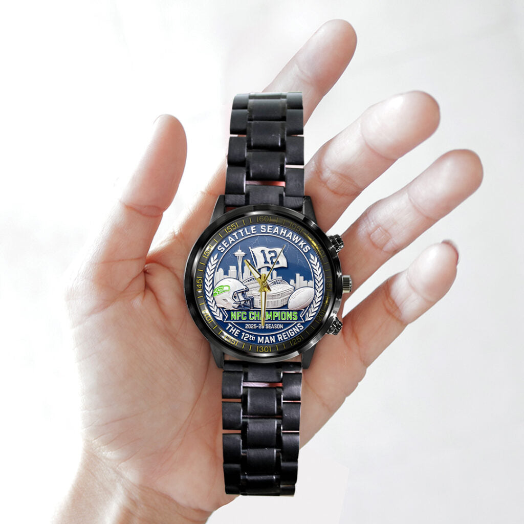 Seattle Seahawks 2025 NFC Champions Black Stainless Steel Watch - TANTN20681