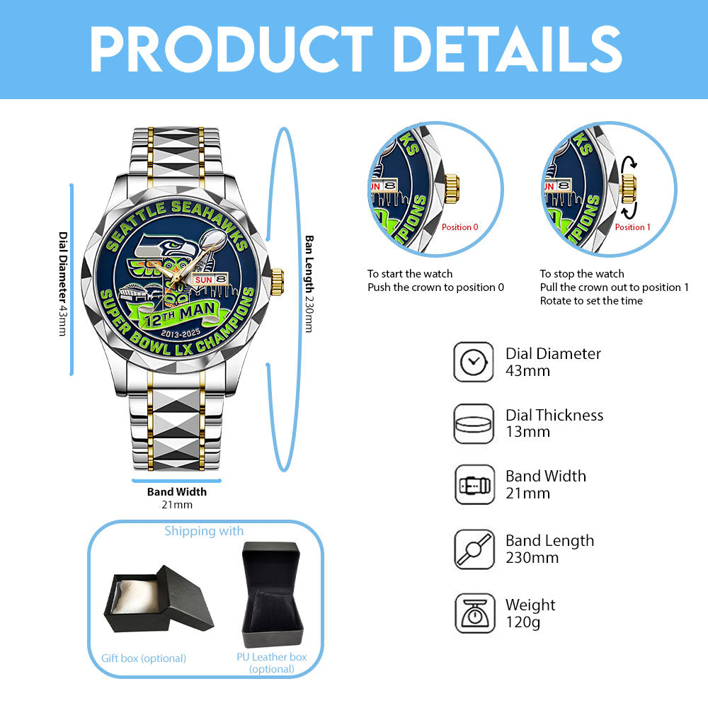 Seattle Seahawks 2025 Super Bowl LX Champions Alloy Luxury Quartz Watch - TANTN21052