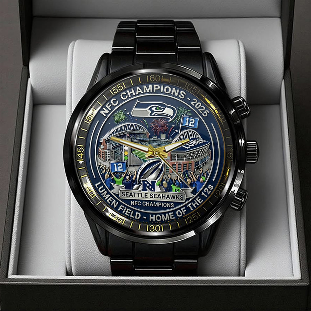 Seattle Seahawks 2025 NFC Champions Black Stainless Steel Watch - TANTN20675