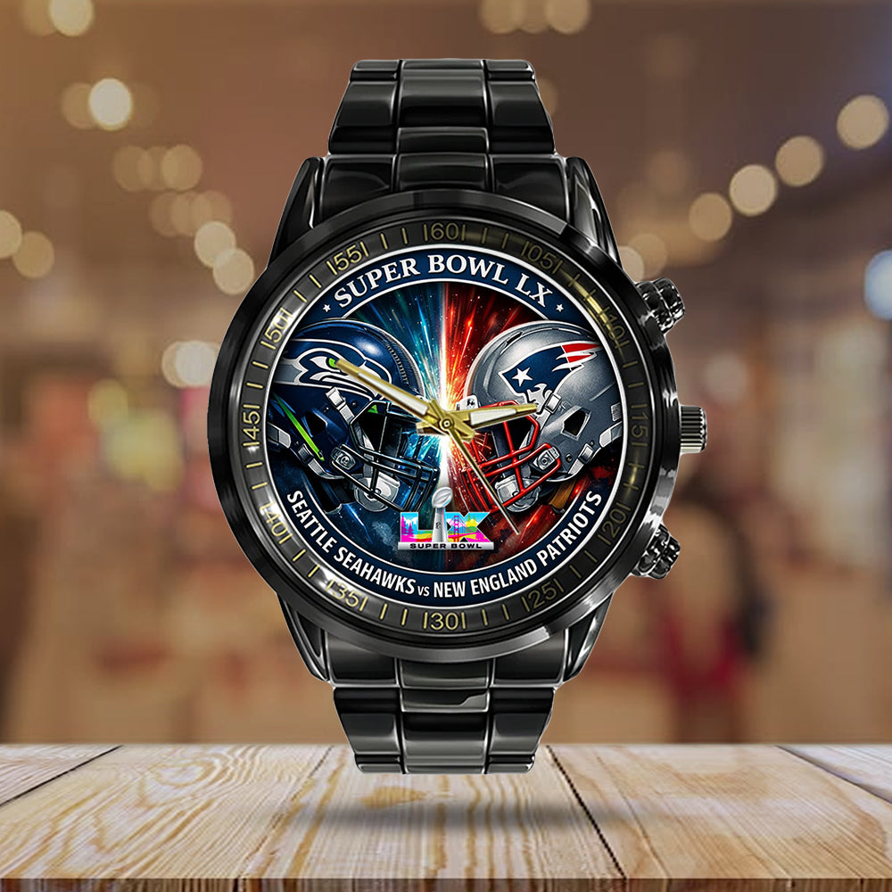 Seattle Seahawks x New England Patriots Super Bowl LX 2025 Black Stainless Steel Watch - TMTHU3472