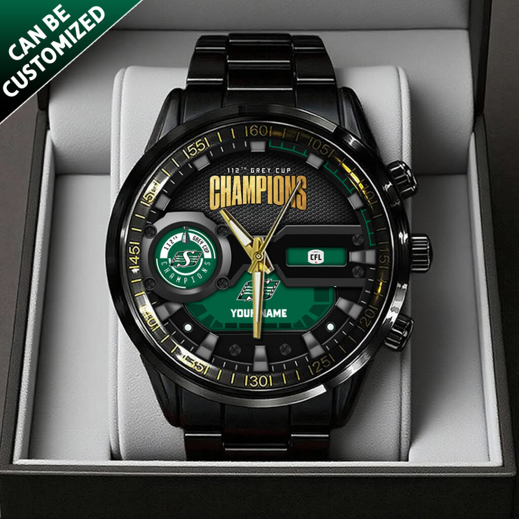 Personalized Saskatchewan Roughriders 2025 Grey Cup Champions Black Stainless Steel Watch - TANTN19017