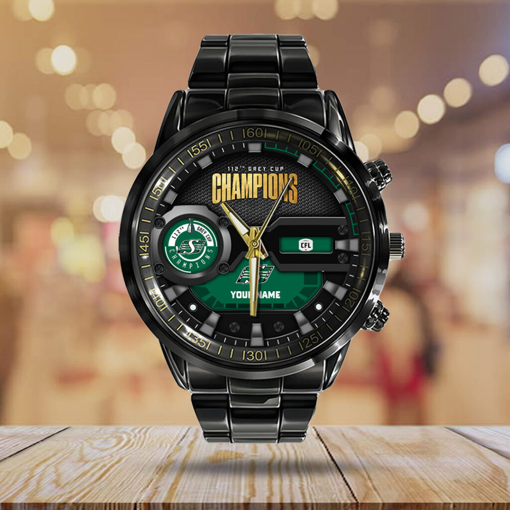Personalized Saskatchewan Roughriders 2025 Grey Cup Champions Black Stainless Steel Watch - TANTN19017