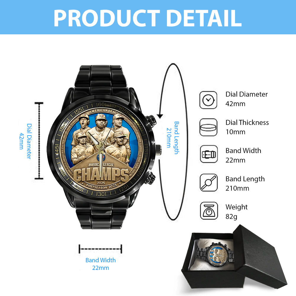 Toronto Blue Jays 2025 American League Champions Black Stainless Steel Watch - MAITM13667