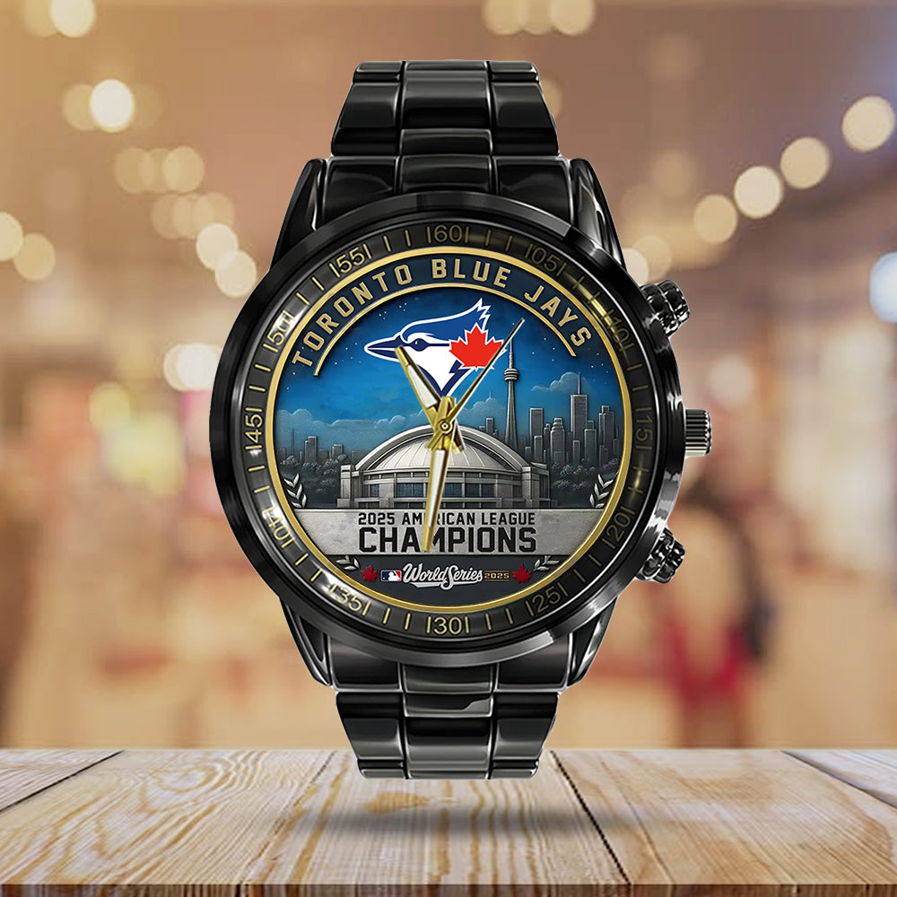 Toronto Blue Jays 2025 American League Champions Black Stainless Steel Watch - MAITM13762