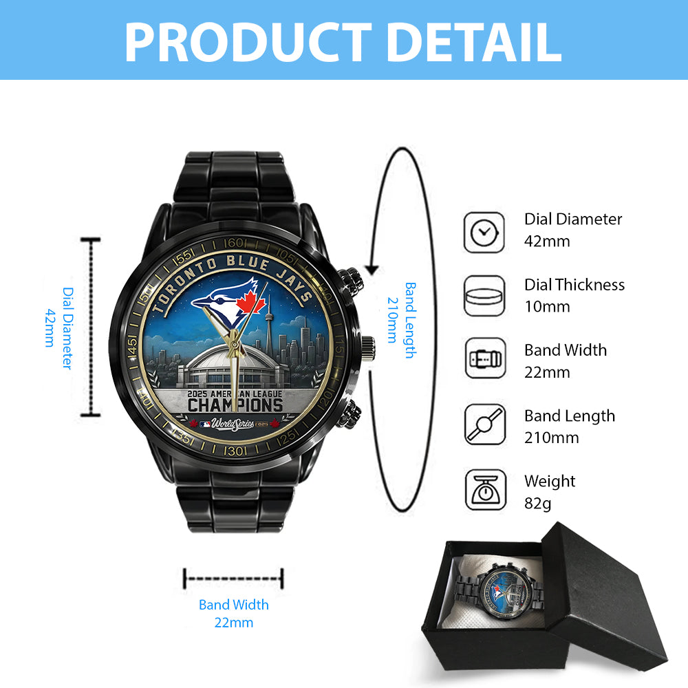 Toronto Blue Jays 2025 American League Champions Black Stainless Steel Watch - MAITM13762