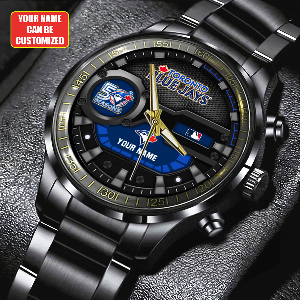 Personalized Toronto Blue Jays 50th Anniversary Black Stainless Steel Watch - TANTN20544