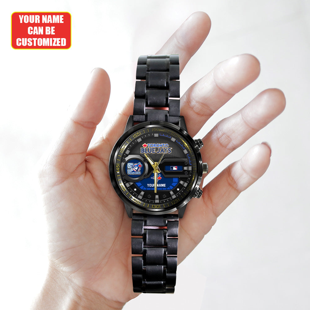 Personalized Toronto Blue Jays 50th Anniversary Black Stainless Steel Watch - TANTN20544