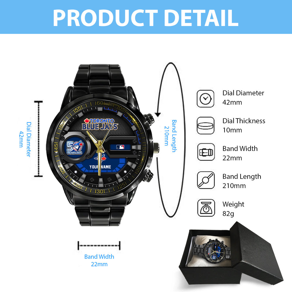 Personalized Toronto Blue Jays 50th Anniversary Black Stainless Steel Watch - TANTN20544