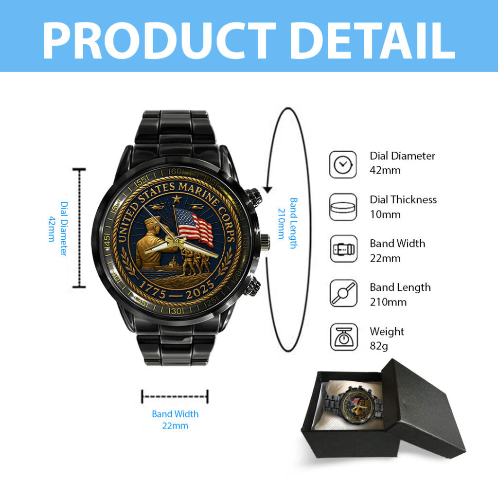 US Marine Corps 250th Anniversary Black Stainless Steel Watch - HOATT13652