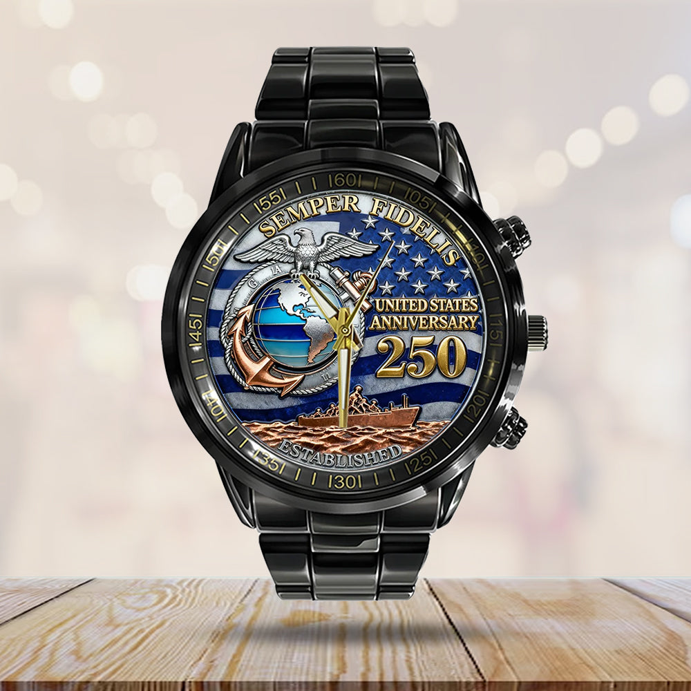 US Marine Corps 250th Anniversary Black Stainless Steel Watch - TMTHU1077