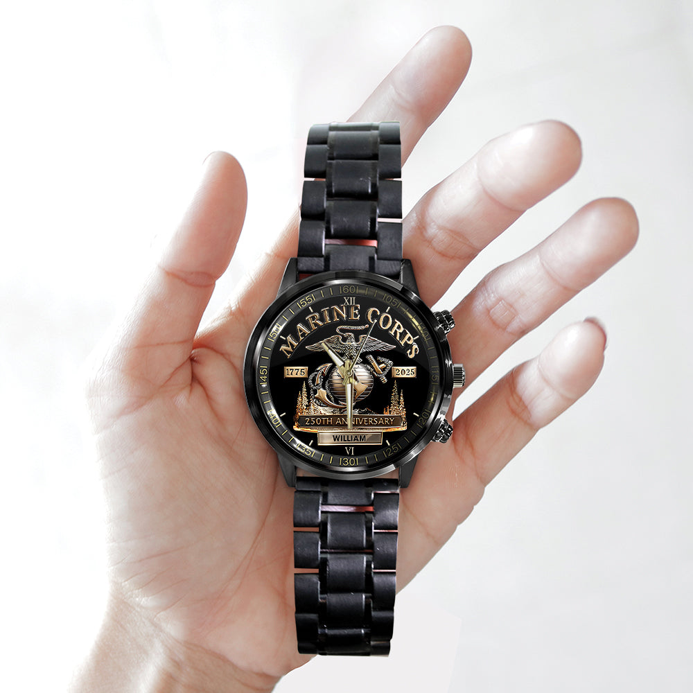 Personalized US Marine Corps 250th Anniversary Black Stainless Steel Watch - TMTHU1074