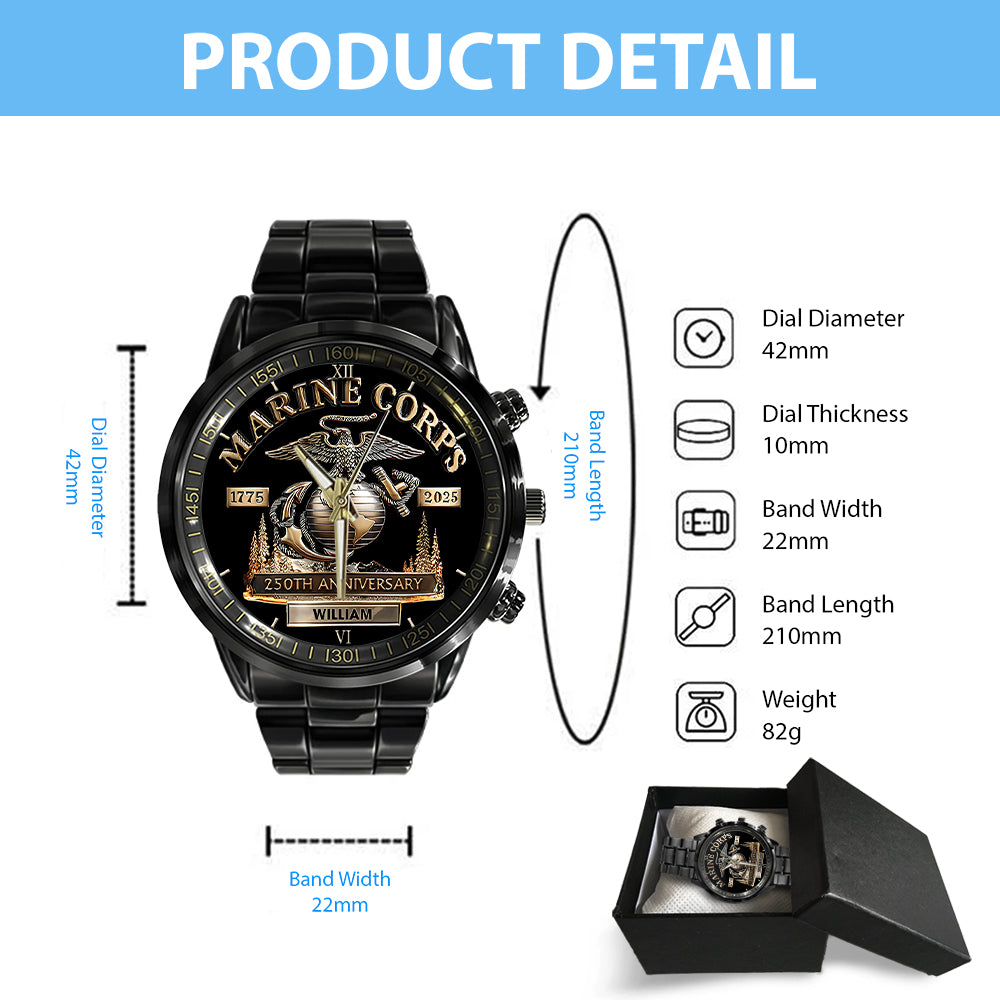 Personalized US Marine Corps 250th Anniversary Black Stainless Steel Watch - TMTHU1074